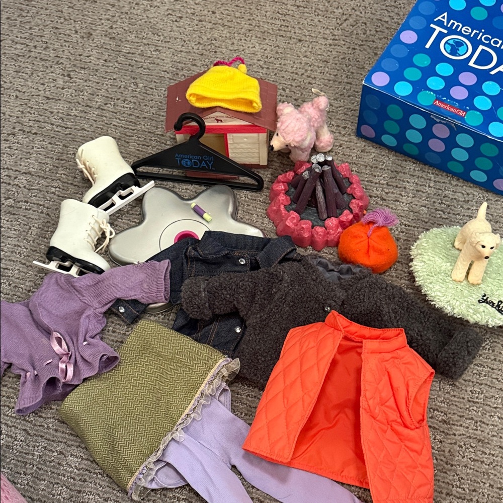 American Girl Doll Outfit Set with Orange Jacket and Purple Accessories,